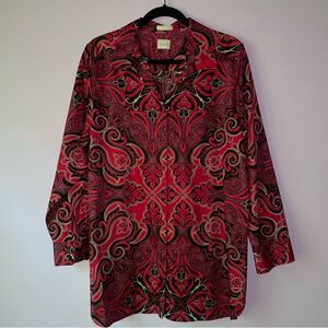 Chico's Size XL No-Iron Button Up Blouse Long Sleeve Red Geometric Boho Print